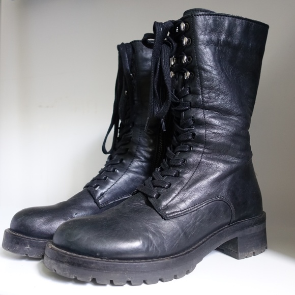 Leather Lace Up Zipper Lug Sole Boots - Picture 1 of 3